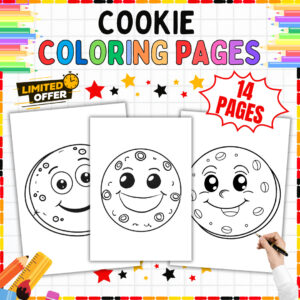 Cookie coloring pages cover featuring chocolate chip cookies, frosted treats, and milk for PreK-2 kids
