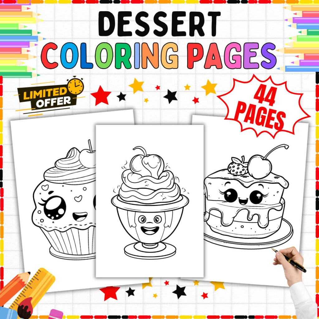 Desserts coloring pages cover showing cupcakes, ice cream cones, donuts, and sweet bakery treats