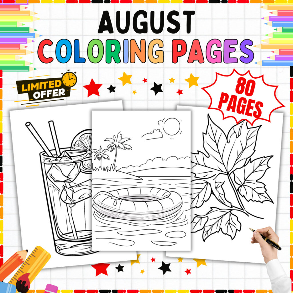 August coloring sheets cover page showing back to school themed printable art activities for elementary kids
