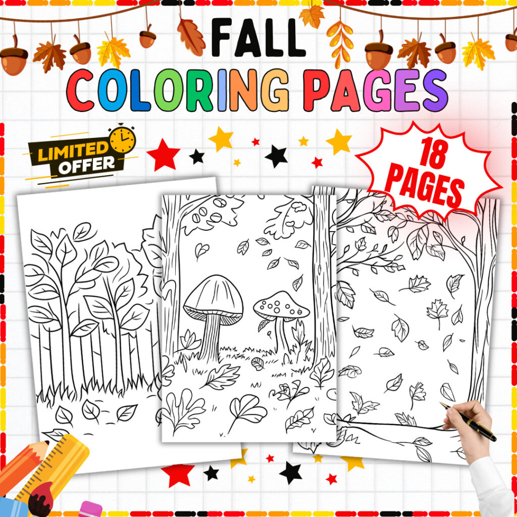 Fall coloring pages cover illustrating autumn leaves, pumpkins, and seasonal nature scenes for kids