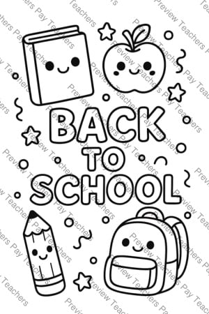 Back to School coloring sheet preview 1 showing smiling notebook, apple, pencil, and school backpack