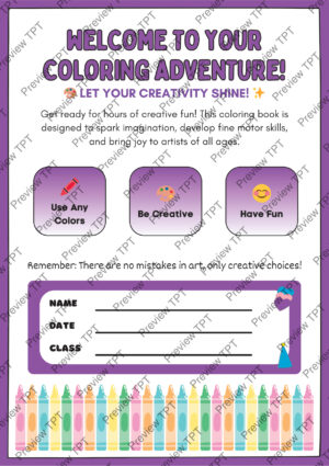 Welcome to Your Coloring Adventure cover sheet with name, date, class lines, and colorful crayons border