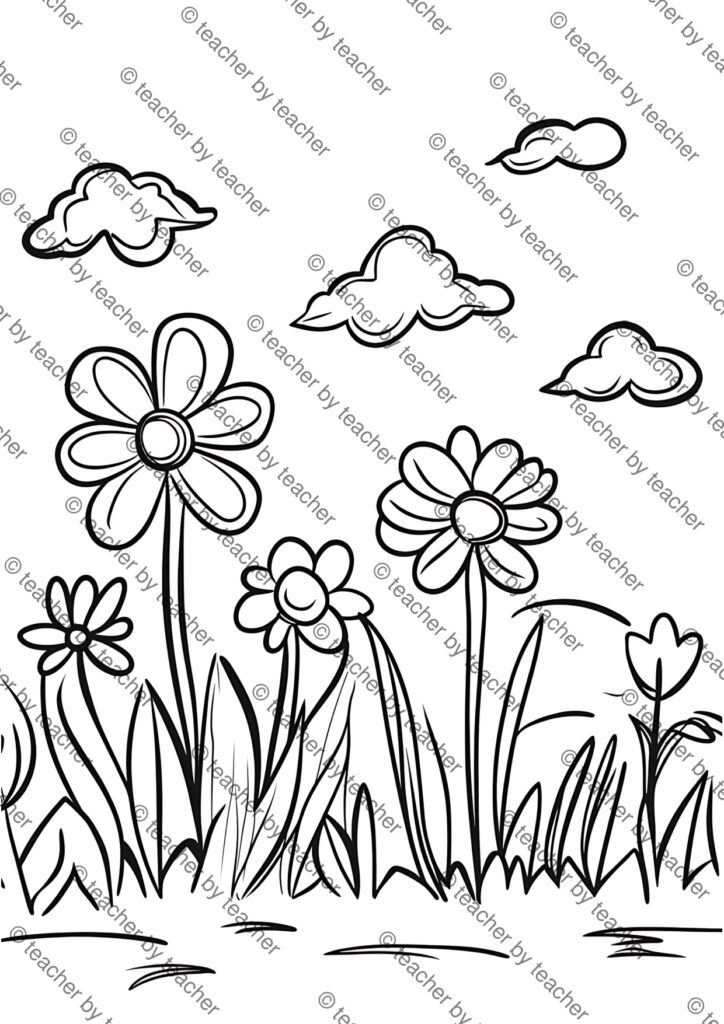 Spring meadow coloring sheet showing wildflowers and grass beneath whimsical drifting clouds