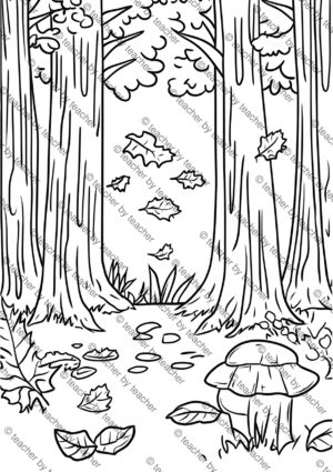 Fall coloring pages preview 2 showing oak and maple leaves swirling in the wind