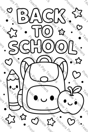 Back to School coloring sheet preview 2 with large center backpack, happy pencil, and red apple