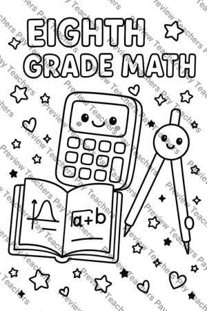 Eighth grade math coloring sheet showing open notebook with algebra graph and drawing compass