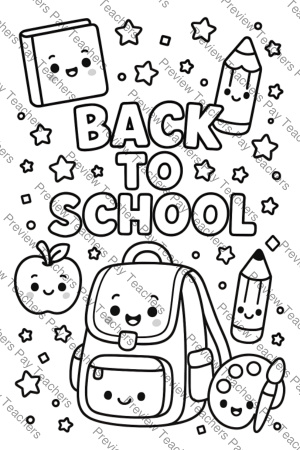 Back to School coloring sheet preview 3 with backpack, watercolor paint palette, and paintbrush