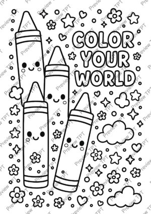 Color Your World coloring sheet with four cheerful smiling crayons, clouds, flowers, and hearts