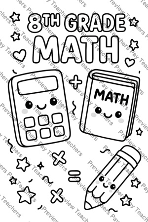 8th grade math coloring worksheet with smiling pocket calculator, notebook, and cute pencil