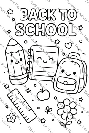 Back to School coloring sheet preview 4 showing smiling pencil, spiral notepad, ruler, and daisy flower