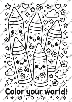 Color your world coloring page with five smiling flower pattern crayons and playful star background