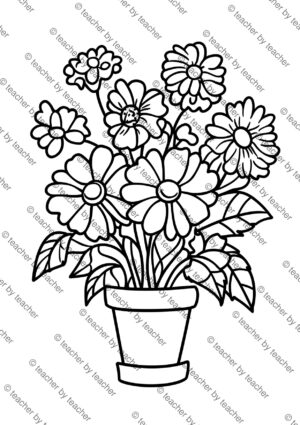Spring flowers coloring worksheet showing lush potted bouquet of daisies and foliage