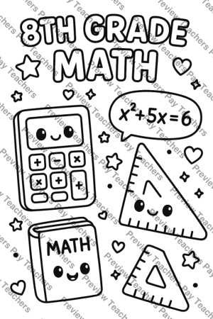 8th grade math coloring page with quadratic equation speech bubble and geometric set square rulers