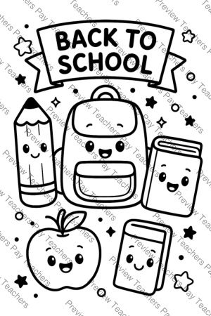 Back to School coloring sheet preview 5 with festive banner, school backpack, pencil, and books
