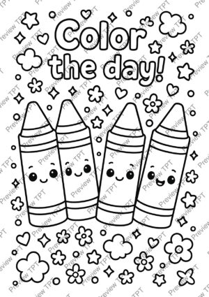 Color the day coloring sheet with four smiling crayons standing together in a row