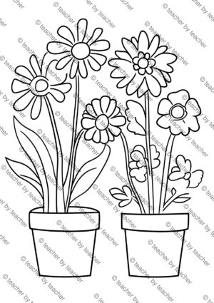 Spring flowers coloring page showing two flower pots with tall blossoming daisies and anemones